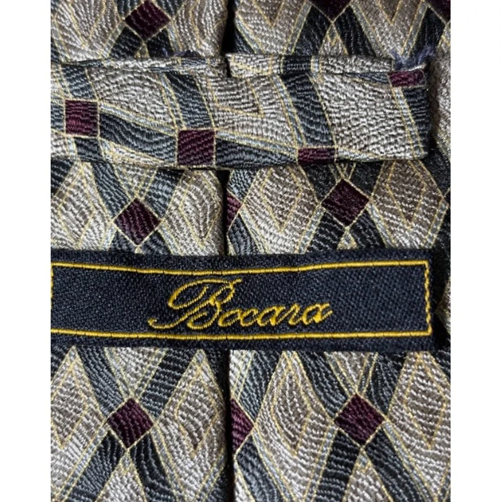 Bocara Silk Tie Mens Gray Red Gold Geometric Satin Necktie Classic Handmade